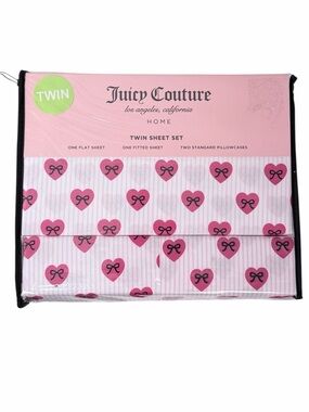 Juicy Couture Home Pink Heart Bow Twin Sheet Set 4 Piece Bedding Set